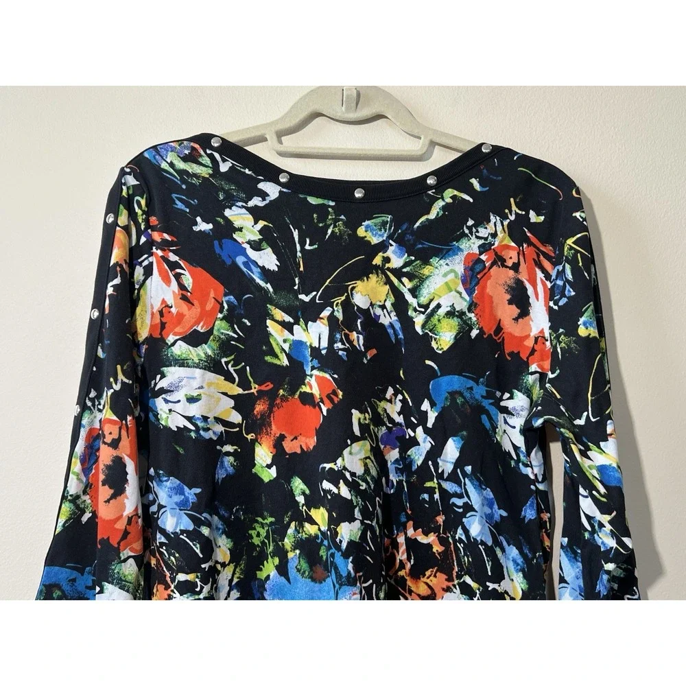 Rafaella Sweater Women XL Floral Studded 3/4‎ Sleeve Ribbed Pullover Black Fall